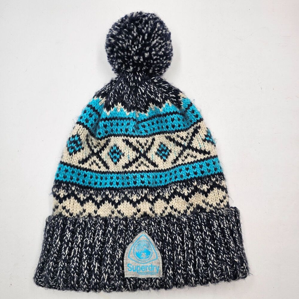 Superdry Fair Isle Knit Pom Beanie Hat Navy Blue Turquoise Winter Wool Blend